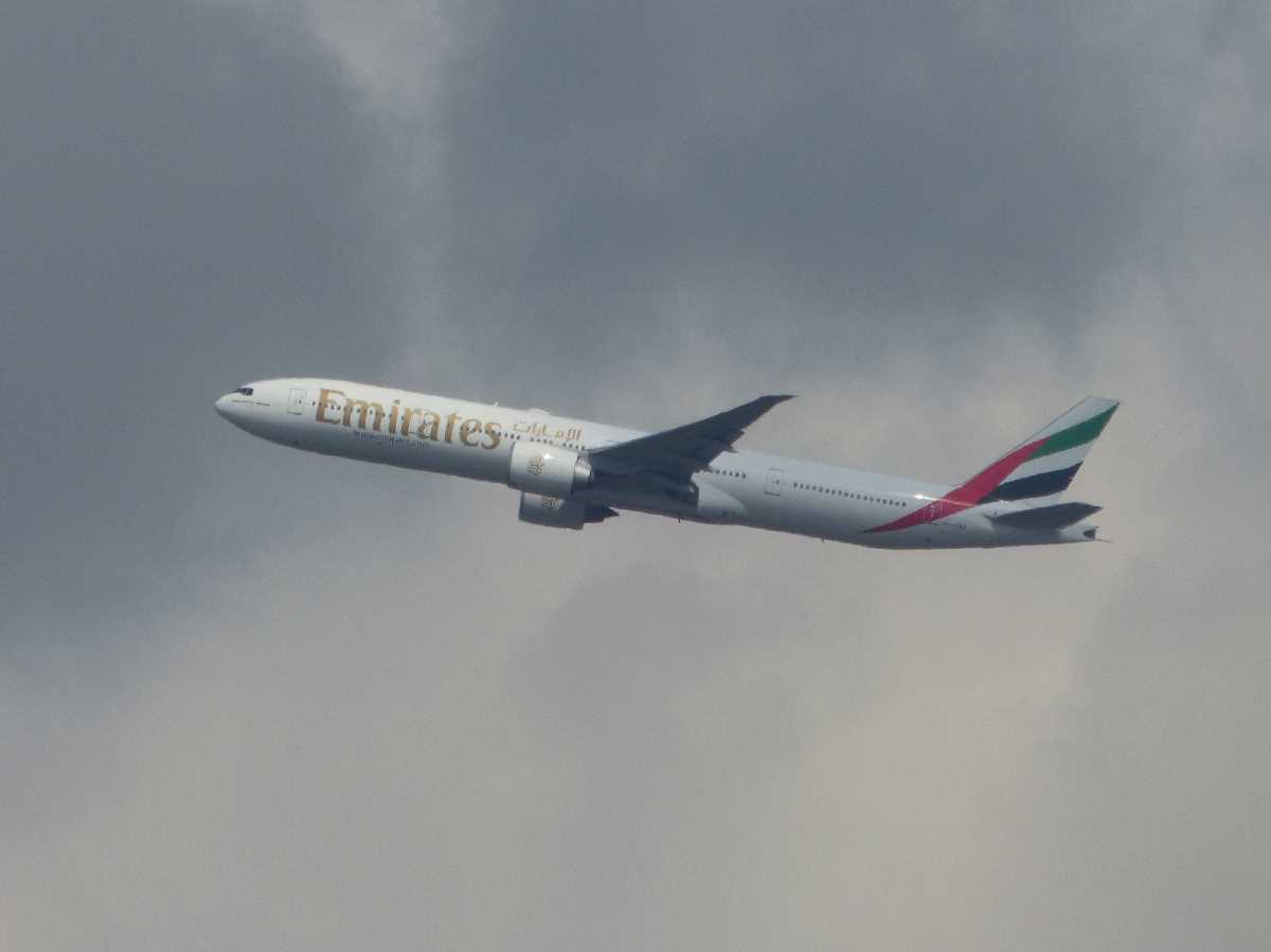 Emirates taking off from Birmingham on a Boeing 777-300ER